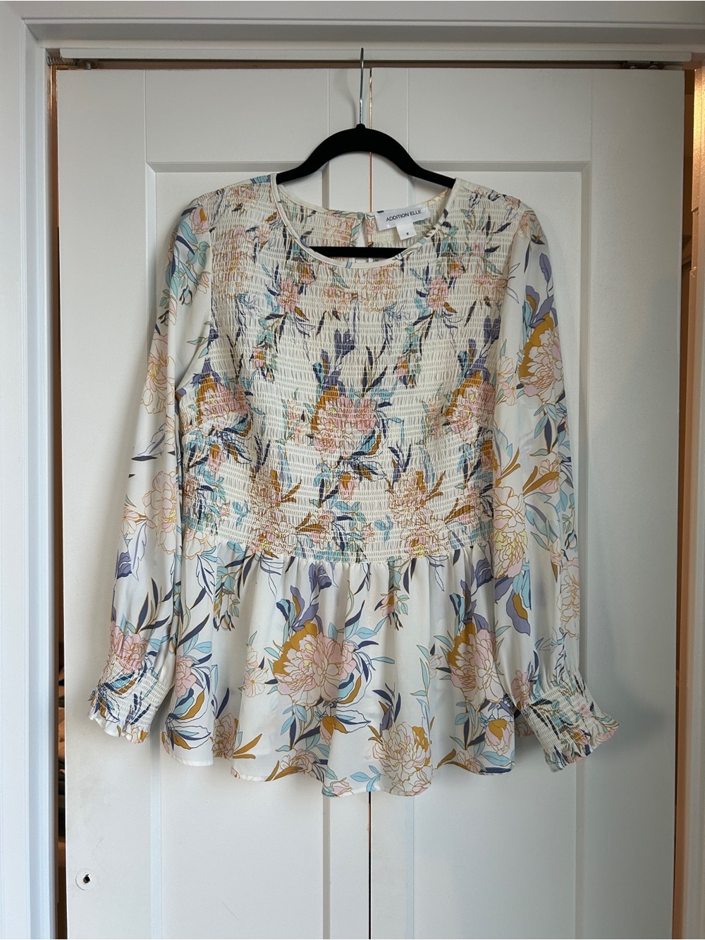Addition Elle Cream Floral Smocked Blouse with Pastel Accents